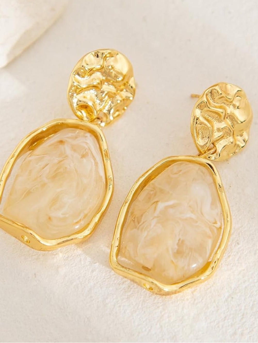 Trendy Statement Gold-Tone Cream Marble Drop Earrings